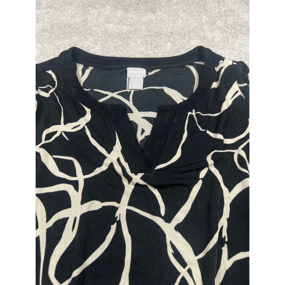 Chicos Travelers Tunic 0 S Black Cream Abstract Split Neck 3/4 Sleeve Art Wear - Picture 7 of 7